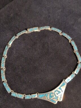 Inca Style Mexico 925 Sterling Silver Necklace with Turquoise Inlay 89g